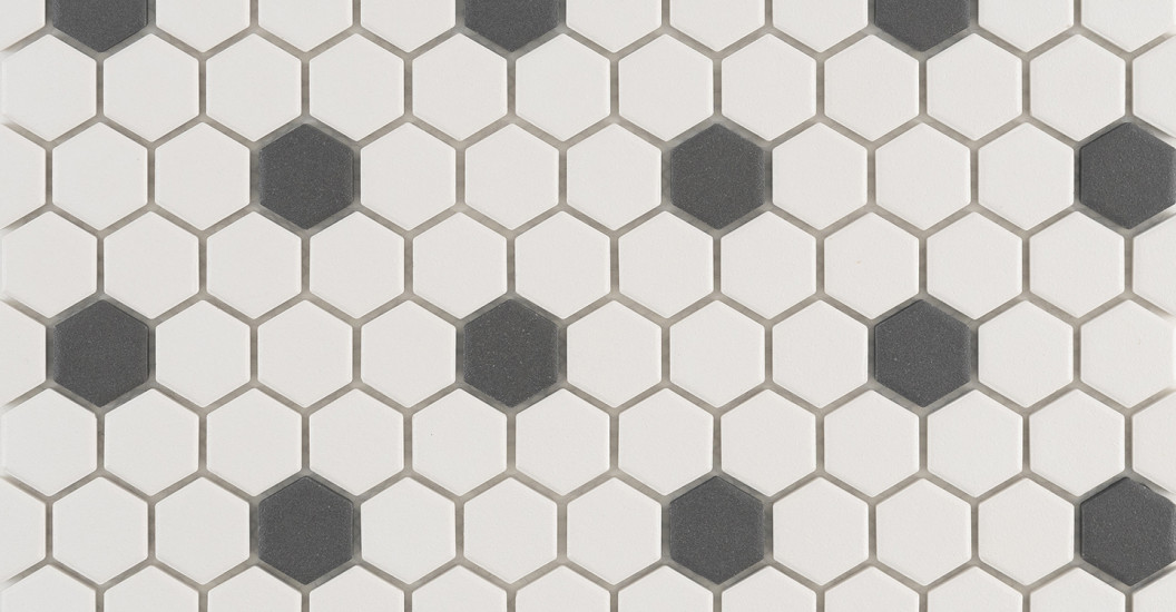 Atlantic-Bisque-Rosette-Hexagon-Super-White-with-Black-Dot-Matte-Swatch-361708
