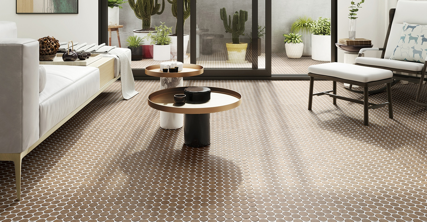 Modular and circular brown tiles that look like wood