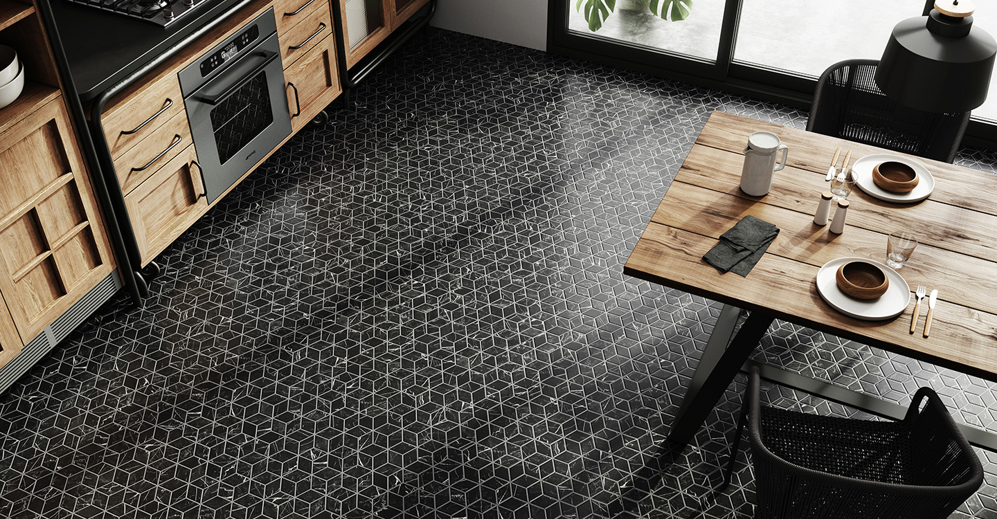 Black geometric floor tiles