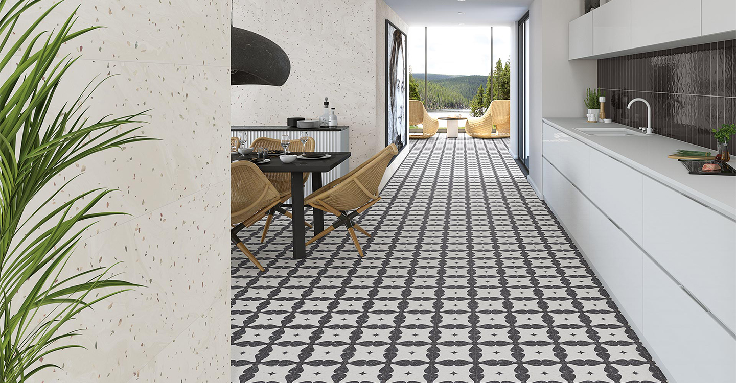 Intricate black and white outdoor tiles