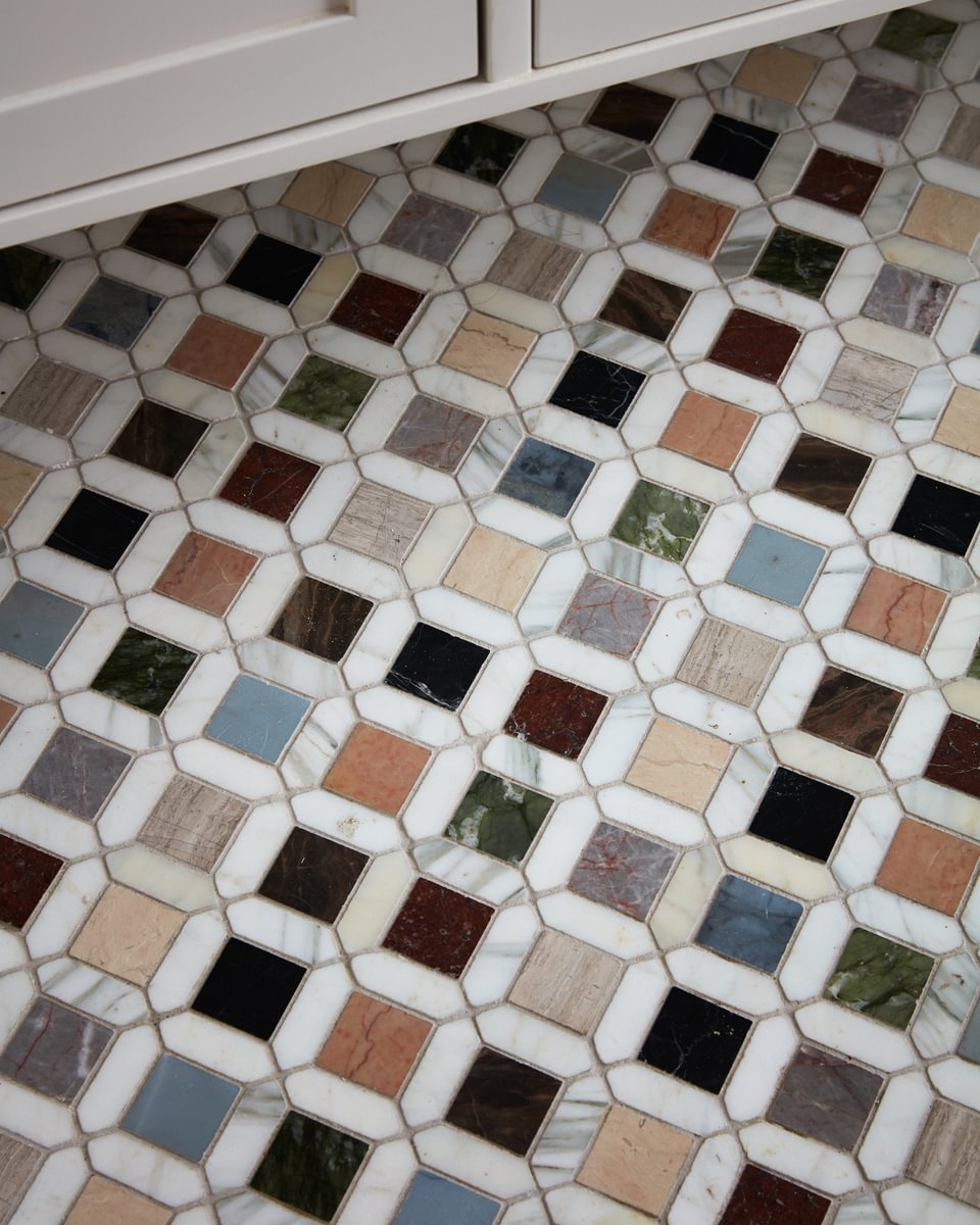 Custom colorful tile floor backsplash