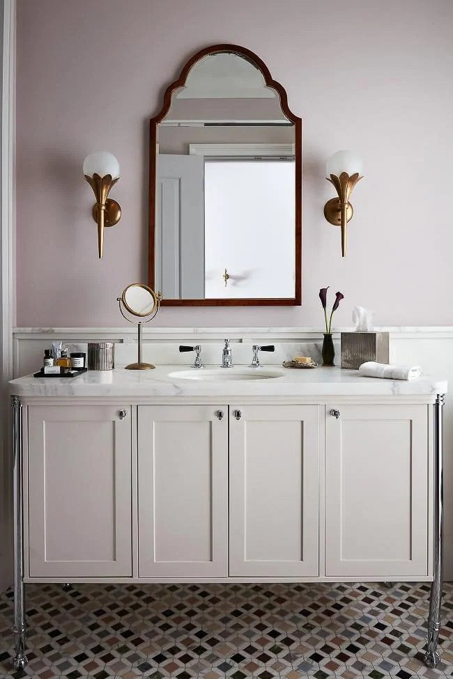 multi-color tile floors with white vanity