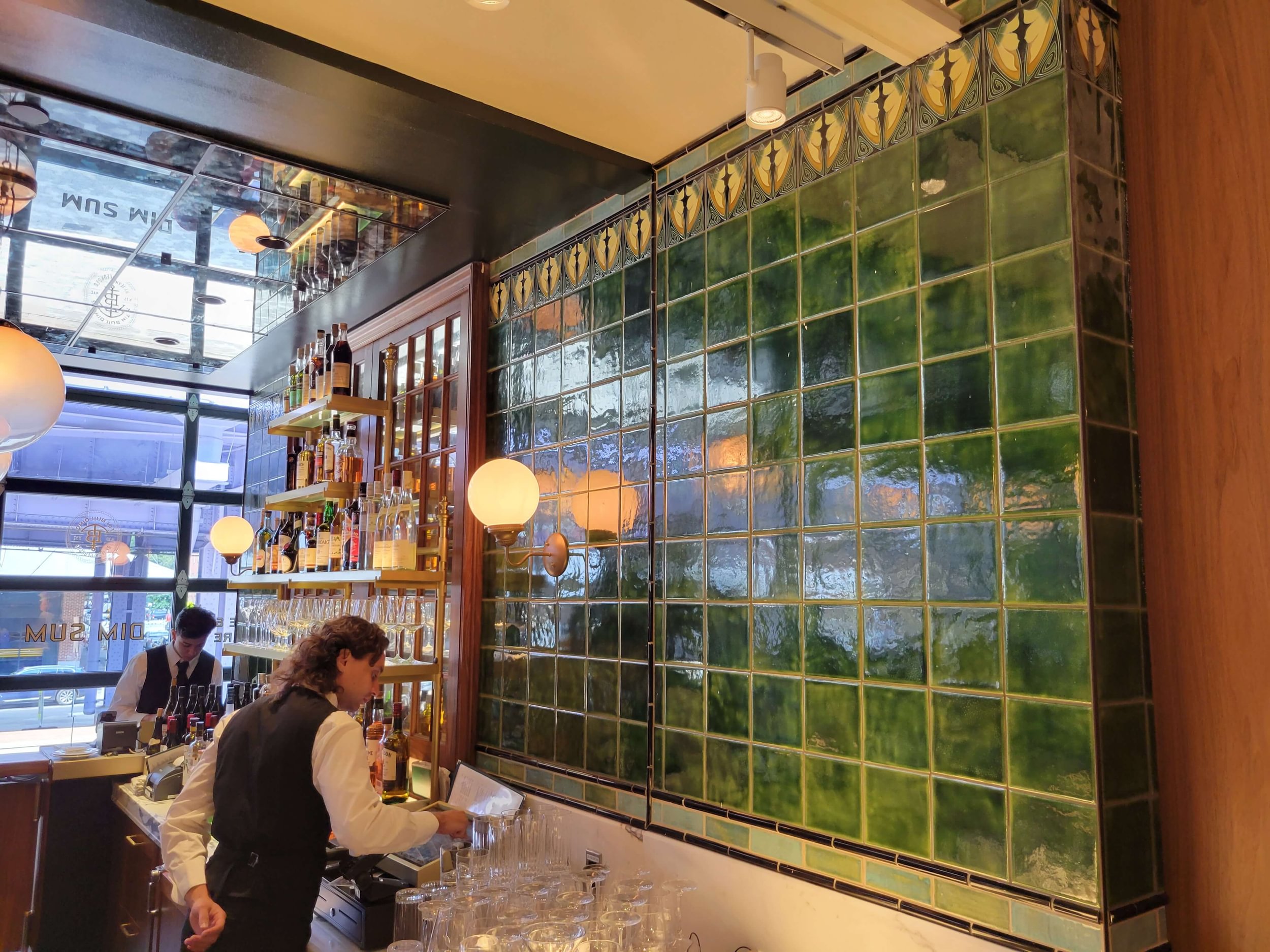 Green distressed tiles in restaurant tin building