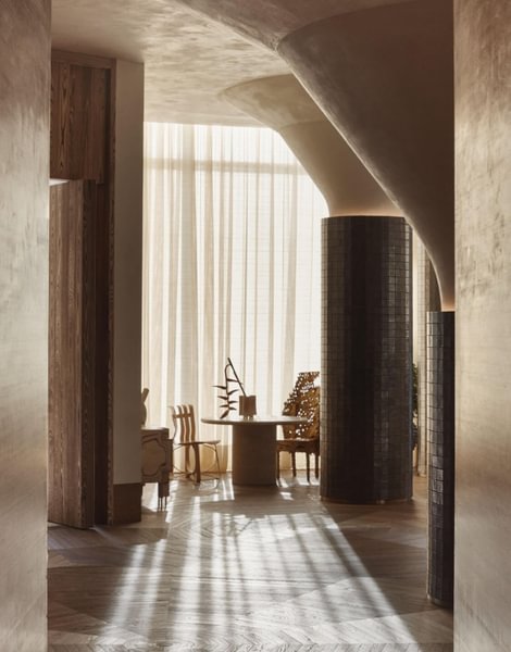 Tile adorned pillars in hotel lobby