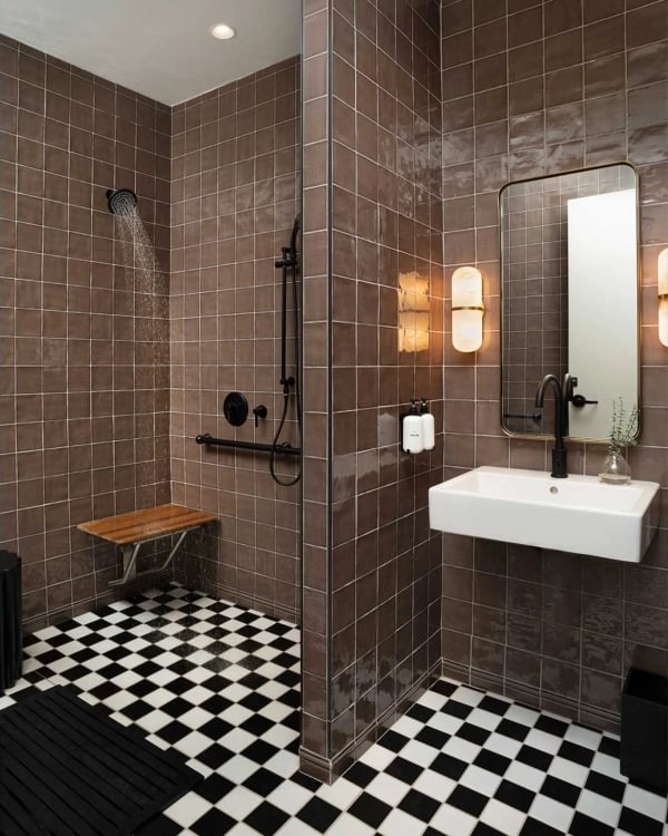 Bathroom featuring warm brown glazed ceramic wall tile from the Cev Provencial collection.