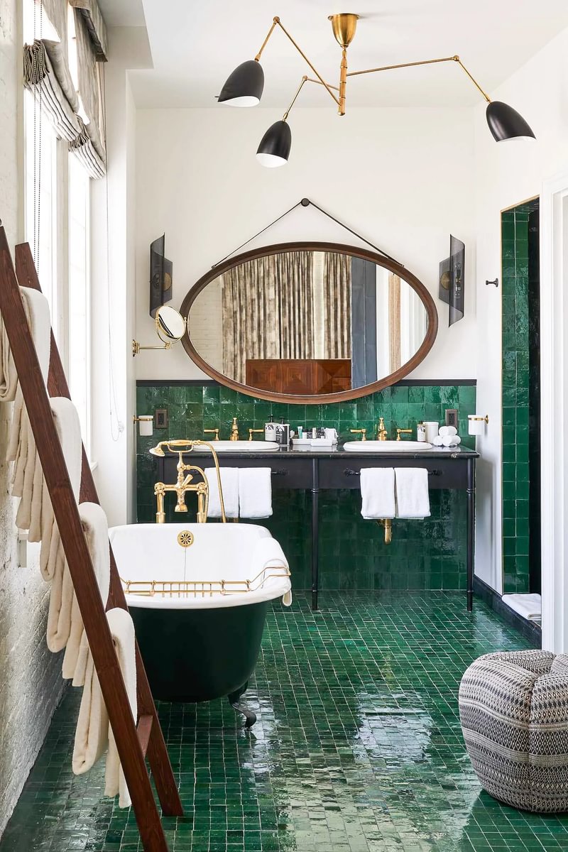 Green Zellige Tile Installed in Bathroom at Soho House Warehouse in Downtown Los Angeles, CA